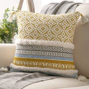 Boho Woven Decorative Pillow Cover | 18" x 18" | Yellow | Tufted with Tassels